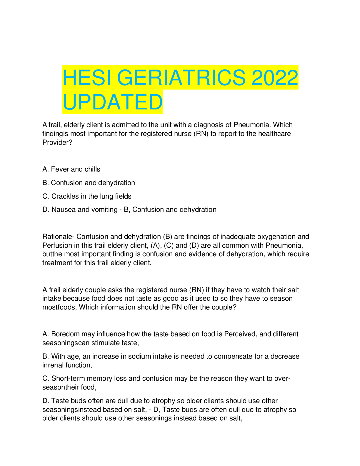 Preview of Biology 420 HESI GERIATRICS 2020 with Answers New 2022